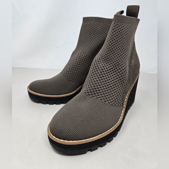 Eileen Fisher Wedge Boots Sz 6.5 & 8  London Knit'Leather Rye Brown Knit Stretch - Picture 3 of 13